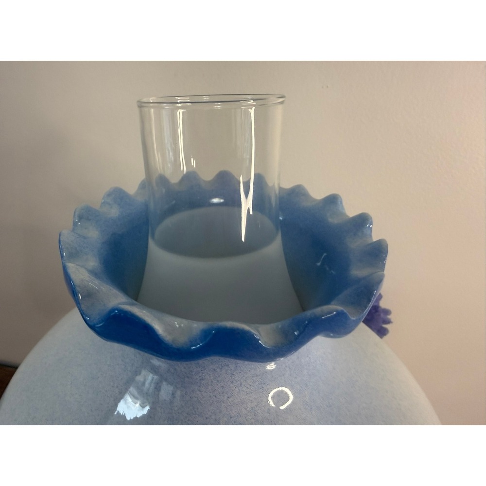Vintage Blue Milk Glass Table Lamp Hand Painted Floral Hurricane Shade 3 Way - Picture 6 of 15